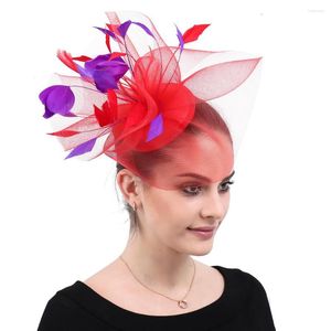 Berretti Eleganti Donna Lady Tulle Fermagli per capelli Fascinator di moda con accessori per copricapo di piume viola Bel copricapo da sposa in rete