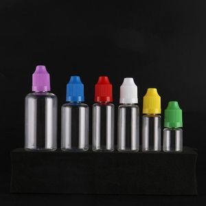 500 Stück E-Liquid-PET-Tropfflaschen mit bunten kindersicheren Kappen, langen, dünnen Spitzen, durchsichtige Kunststoffnadelflaschen, 5 ml, 10 ml, 15 ml, 20 ml, 30 ml, 5 Xrog