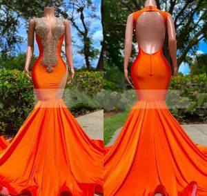 Sexy laranja sereia vestido de baile 2024 applique frisado puro cristal profundo decote em v vestido de noite formal vestidos de festa aberto volta sem mangas robe de soiree feito sob encomenda