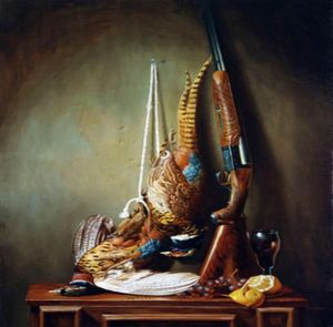 Still Death Golden Pheasant med SGUN FRUIRTHAND Målad stilleben Art Oil Målning Tjock Canvasmulti -storlekar tillgängliga SL0038955402