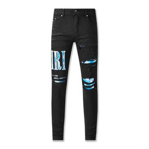 Autumn/Winter New American High Street Black Perforated Blue Camo Patch Jeans