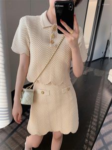Work Dresses 20233 French High Quality Knit Top Skirt 2 Piece Set Women Summer Luxury Design Wave Short Sleeve Blue