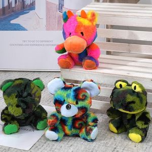 Tie dyed mixed color plush toys, little bears, hippos, frogs, dolls, children holding dolls, grabbing machine dolls