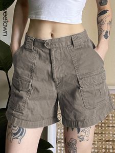 Pantaloncini da donna Sweetown Grigio Denim casual estivo per le donne Tasche Stitch Gamba dritta Pantaloni corti Jean Vintage Y2K Streetwear Cargos 230417