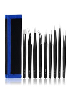 ESD Antistatic Stainless Steel Tweezers 9PCS Canvas Leather Bag Set Precision Industry Tweezers Kit for Electronic Object Repair 2487834