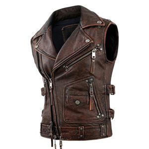 Männer Leder Faux Vintage Braun Motorrad Westen Männer Natürliche Rindsleder Echte Jacke Ärmellose Reit Weste Motor Biker Jacken 231117