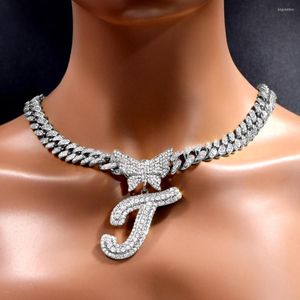 Ketten Frauen Silber Farbe Kristall Schmetterling Initial Halskette Bling Iced Out Strass Gepflasterte Kubanische Gliederkette Halsketten Hip Hop Schmuck