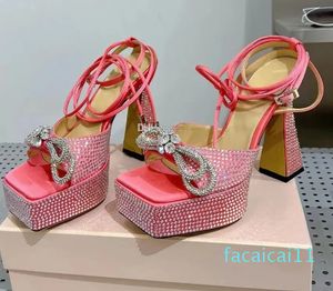 Sandálias Vestido Sapatos Bowtie Salto Grosso Dupla Plataforma À Prova D 'Água Strass Sapatos de Noite Mulheres Salto Alto Tornozelo Wraparound Designer Factory Shoe