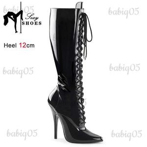 Botas Sexy Dedo Apontado 5 Polegada Joelho Botas Altas Fetiche Stiletto Salto Fino Cross Dressing Botas 12cm Salto Alto Tamanho Feminino 36-46 Sapatos T231117