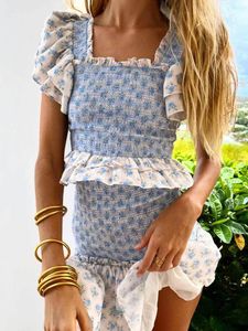 Casual Dresses Boho Inspired Blue floral print dres smocked sexy party ruffled sleeve summer sweat ladies 230417