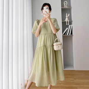 Moderskapsklänningar Koreanska chiffon Moderskapsklänningar Summerkläder för gravida kvinnor Casual Solid O-Neck Puff Sleeve Elegant Precippance Vestidos 230417