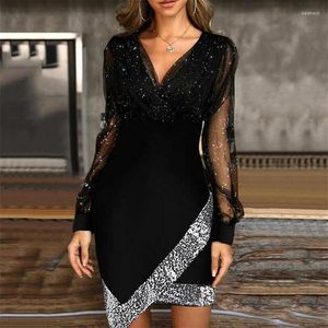 Casual Dresses 4 Styles Sexig Women Sequin Dress Sheer Long Sleeve Deep V Neck Nam Lårkläder