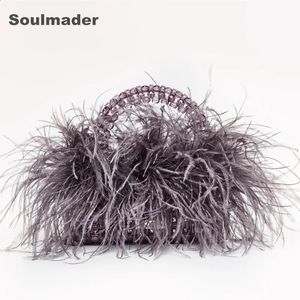 Kvällspåsar Pearl Beaded Evening Bag Ostrich Feather Fur Designer Clear Acrylic Crystal Stone Box Tote Handväska Kvinnor Handgjorda Party Purse 231116