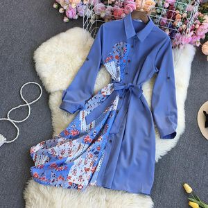 Vestidos casuais moda coreana estampa floral retchwork a-linha de manga longa Única penteada elástica alta cintura femmo vestidos vestido skinny