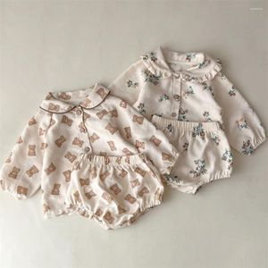 Set di abbigliamento Orsetto carino/Stampa floreale Velluto a coste Bambini Ragazzi Ragazze Vestiti Set Maglie a maniche lunghe Camicie Bloomers per neonati Costumi morbidi e accoglienti per bambini