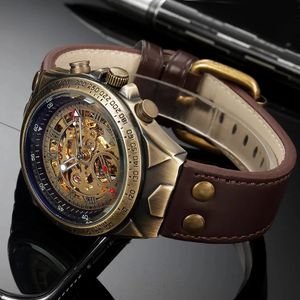 Other Watches Bronze Retro Skeleton Automatic Mechanical Watch for Men Luminous Hand Brown Genuine Leather Belt Luxury Brand Steampunk 231117