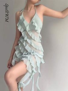 Casual Dresse Sexy Plissee Rüschen Halter Hosenträger Kleid Mode V-ausschnitt Durchsichtig Midi Bademode 2023 Sommer Schlank Party Vestidos 230417