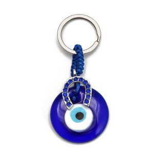 Fashion Design Key Rings Chains, 4cm Round Glass Blue Evil Eye Pendant with Horseshoe Elephant Heart Owl Charms Jewelry Bag Keyrings Accessories, Lucky Car Keychain