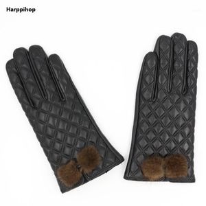 Five Fingers Luvas 2023 Fashion Ladies Leather Sheepskin espessando quente mais caxemira Touch Screen Bola de visita de alta qualidade