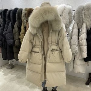 Pelliccia da donna finta vera volpe collo spessore 90% piumino d'anatra coreano lungo piumino caldo femminile soffice con coulisse Parka 231116