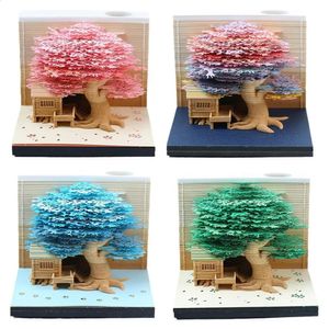 Vasos Romântico Treehouse 3D Memo Pad Paper Carving Art Notepad com luzes LED Decoração de casa Ornamentos Sticky Notes 2024 Calendário 231116