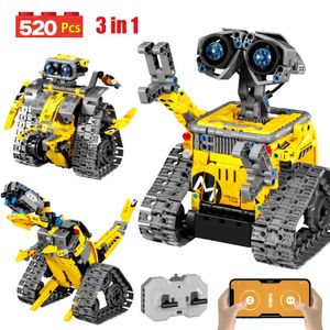 その他のおもちゃ520pcs 3 in 1 City Technical RC Robot Robot掘削機レーシングカービルディングブロックリモートコントロールブルドーザートラックレンガの子供231117