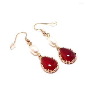 Dangle Earrings Chain Rose Gold Plated Brass Hoop 50mm Ruby Stone Drop Pearl Ball 1 Pair