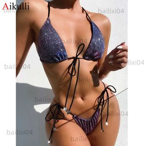 Moda de banho feminina Novo biquíni brilhante Mulheres de maiô 2021 Triângulo sexy Triângulo Swimwear Woman Bikinis Bikinis Set Push Up Bather Swim Swim T230417