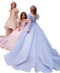 Merhaba Lo Çiçek Kız Elbise 2024 Uzun Kollu Sequin Ballgown Illusion Toddler Bebek Küçük Çocuk Pageant Elbise Kokteyl Partisi Doğum Günü Tatili 1. Cemaat Mavi Allık