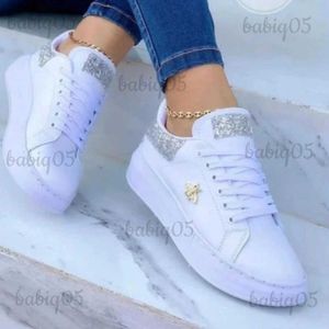 Dress Shoes White Sequins Sneakers Women Bees Thick Bottom Trainers Korean Style Round Head Running Shoes Fall Lace Up Flats Sapato Feminino T231117