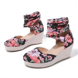 Sandaler Storlek 36-43 Wedge Ankle Strap Print Flower Cloth Platform Women Summer Shoes