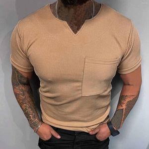 Men's T Shirts Male Spring And Summer Strip Short Sleeve Tops Solid Color V Neck Pocket