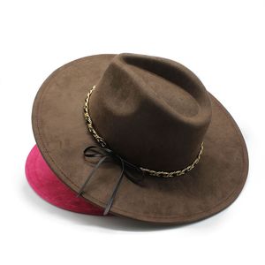 Boné de feltro de camurça de coração pêssego retro francês 9.5cm aba grande chapéu fedora de lã com corrente outono inverno masculino feminino vestido de festa chapéu alto