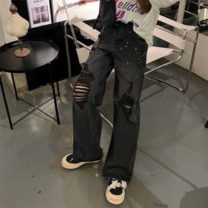 Designers Casual Pant Mens Trousers Sweatpants We Korean 11done Speckled Ink Broken Hole Faded Wash Love Wide Leg Jeans Men's Women's Straight Pants Trendy