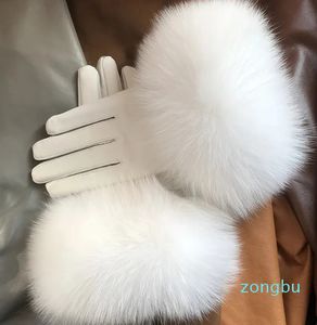Fem fingrar handskar riktiga fårskinn räv pälshandskar kvinnors äkta läder handskar vinter varm modestil naturlig fluffig räv päls överdimensionerad