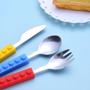 Dinnerware Sets 3pcs Children Cutlery Set Stainless Knife Fork Spoon Steel Dinner Tableware Silicone Build Blocks Handle Baby Feeder