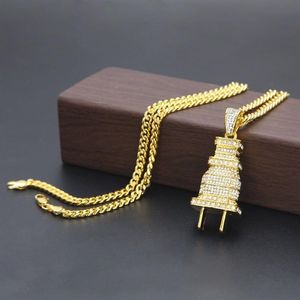 Мужская мода хип-хоп ожерелье золотая кубинская звенья цепи Iced Out Plug кулон ожерелья для мужчин307a