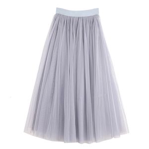 Skirts Vintage Tulle Women Elastic High Waist 3 Layers A line Pleated Mesh Long Bride Tutu Female Jupe Longue 230417