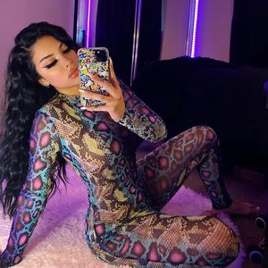 Women's Two Piece Pants Snakeskin Print Sexy Jumpsuit Women Long Sleeve Turtleneck Bodycon Rompers Autumn Club Female Streetwear 231116