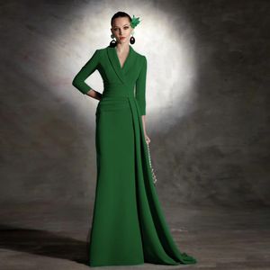 Elegant Green Mermaid Evening Dress 2023 V Neck 3/4 Sleeves Soft Satin Women Prom Party Arabic Dubai Long Formal Gowns Robe De Soire