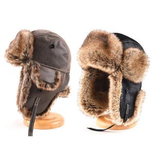 BeanieSkull Caps Inverno Lei Feng Hat Mulheres Piloto Bomber Trapper Homens Faux Fur Couro Neve Cap com Ear Flaps Windproof Quente 231117