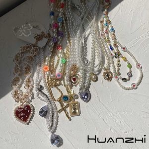 Pendant Necklaces HUANZHI Vintage Sweet Choker Weave Pearls Choker Red Heart Colorful Beaded Irregular Flowers Rhinestone Necklace for Women Z0417