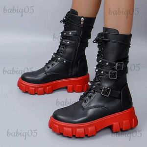Boots Women's Boots Punk Design Leather Buckle Lace-up Platform Motorcycle Boots Outdoor Black Roman Military Boots Winter New T231117