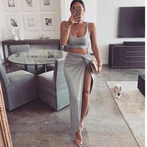 Casual Dresses Asia Sexy Party 2 Piece Set Women Plus Size Crop Top Twist Side Split Long Kirts Matching Sets Club Two Outfits 2023