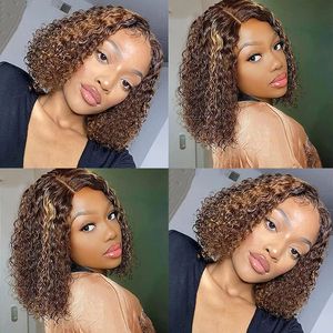 Human Hair 4X4 Lace Closure Bob Wig P4/27 Peruvian Piano Color Kinky Curly 4X4X1 Wigs 10-16inch