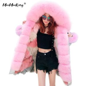 Pelliccia sintetica da donna MAOMAOKONG Marca Giacca lunga invernale da donna Capispalla spessa Parka Cappotto con colletto reale naturale con cappuccio Rosa Abbigliamento femminile 231116