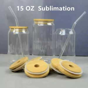 16 onças de sublimação canecas de cerveja de vidro pode moldado copos de vinho bebendo copos de água de água impressa com tampa de bambu e palha reutilizável