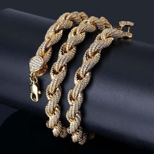 New Style Gold Plated Full CZ Cubic Zirconia Rope Chain Necklace 8mm Full Diamond Silver Hip Hop Punk Rock Jewelry Gifts for Guys 293D