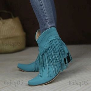 Boots BONJOMARISA Women Flock Cowboy Ankle Western Boots Retro Fringe Slip On Casual Leisure Stacked Heeled Autumn Shoes Short Booties T231117