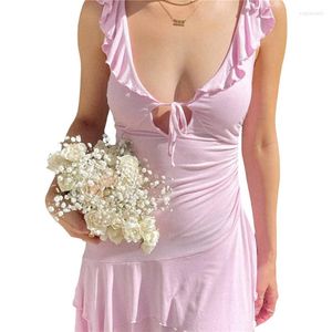 Casual Dresses Xingqing Women Ruffle Mini Dress Summer Pink Low Cut Tie-Up Sleeveless Sweet Backless 2000s Clothes Clubwear